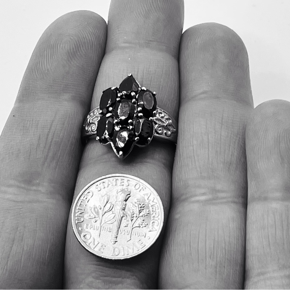 Black Spinel Multi Stone Cluster Ring in Stainless Steel - Picture 7 of 8